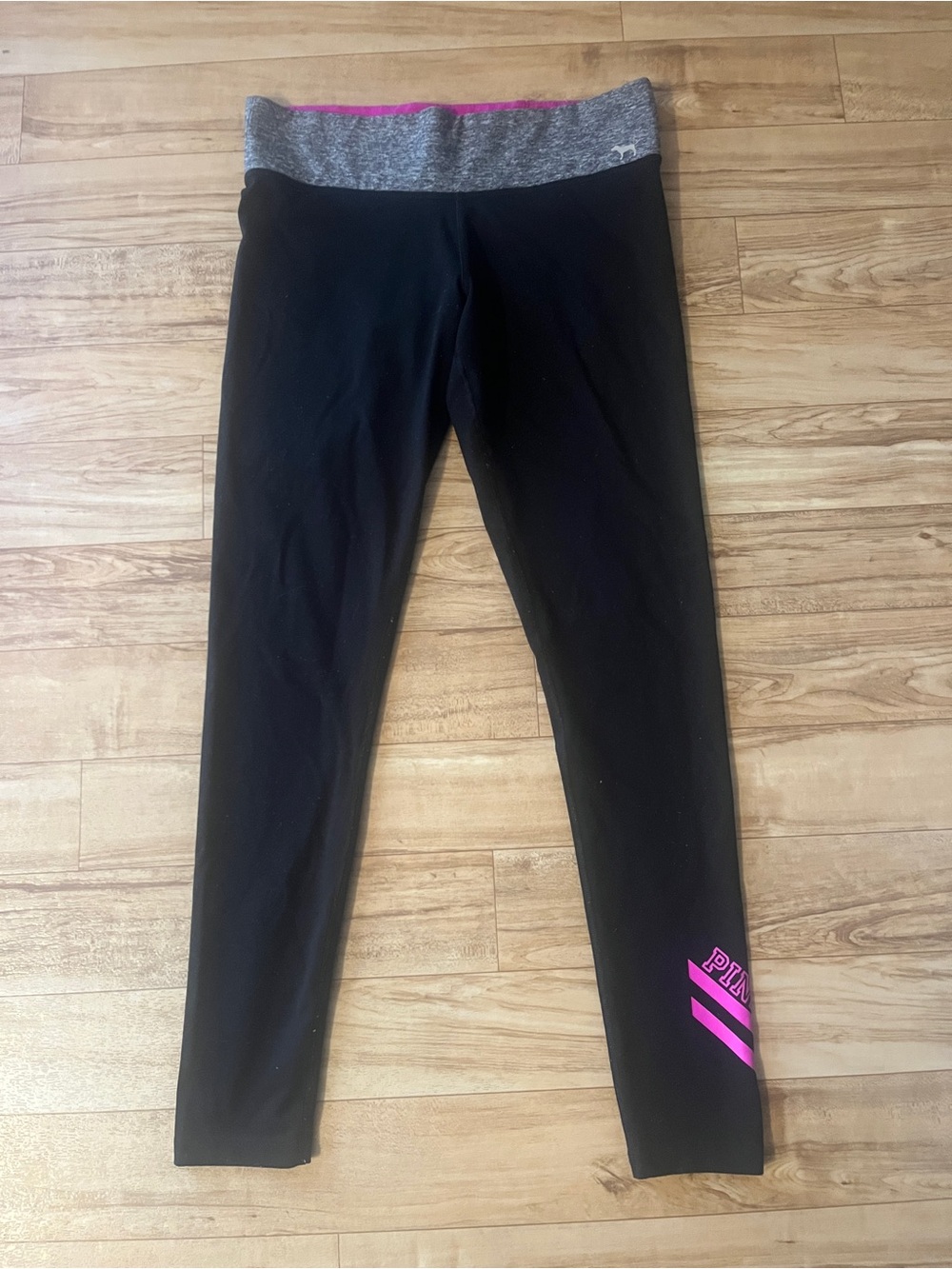 PINK Victoria's Secret Black Leggings with Gray waist and Pink Logo